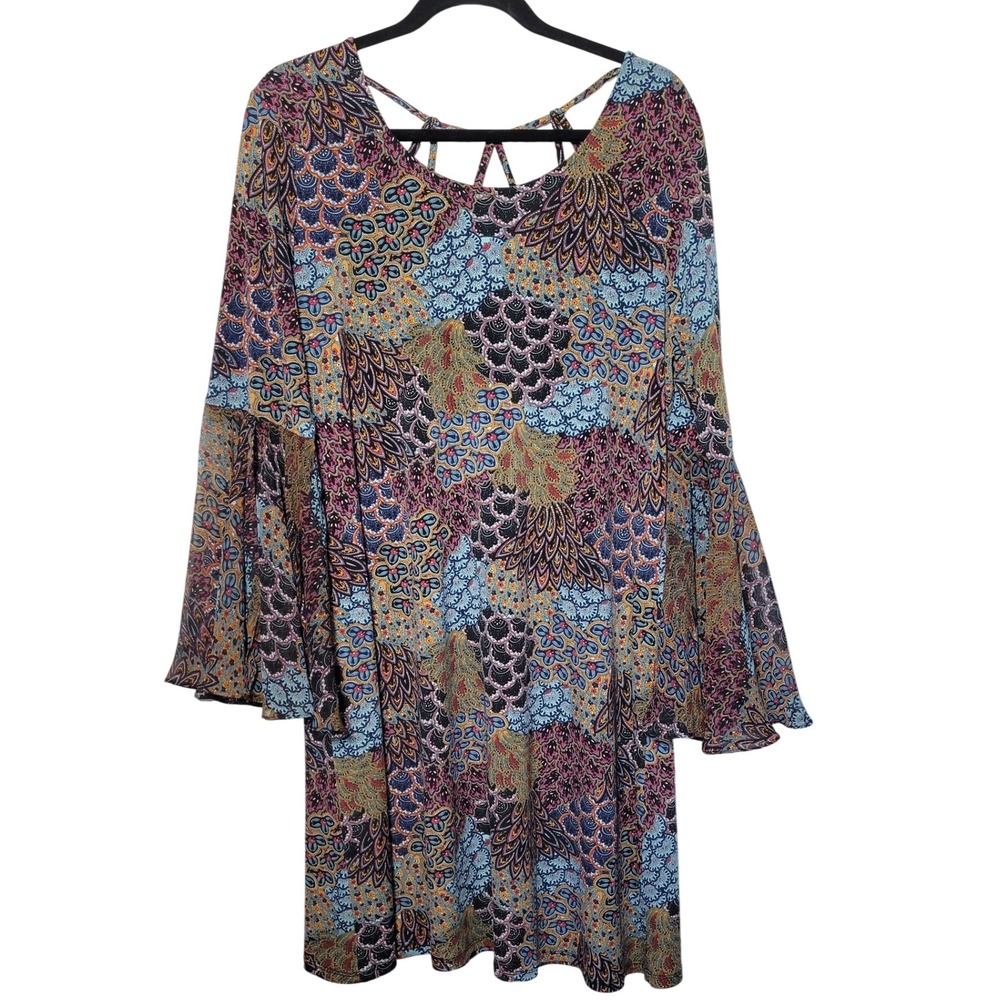 MSK Boho Mini Dress Bell Sleeves Paisley Print‎ Criss Cross Back Peacock Size XL